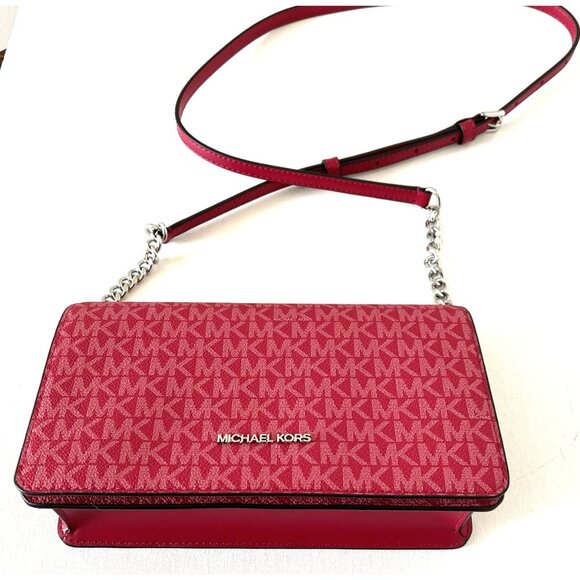 New Michael Kors Jet Set Large Ombré Signature Logo Crossbody Bag Dark Raspberry - Picture 1 of 5